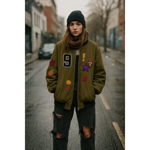 Streetwear Grunge Goth Bomber Skull Heart Star Lips Patch  Green Black S Jacket